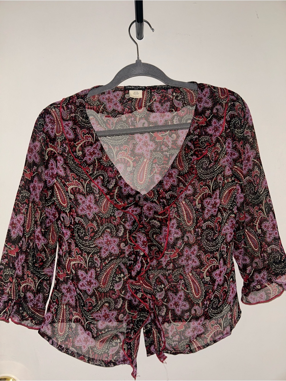 Paisley Ruffle Tie-Front Sheer Blouse in Pink & Black